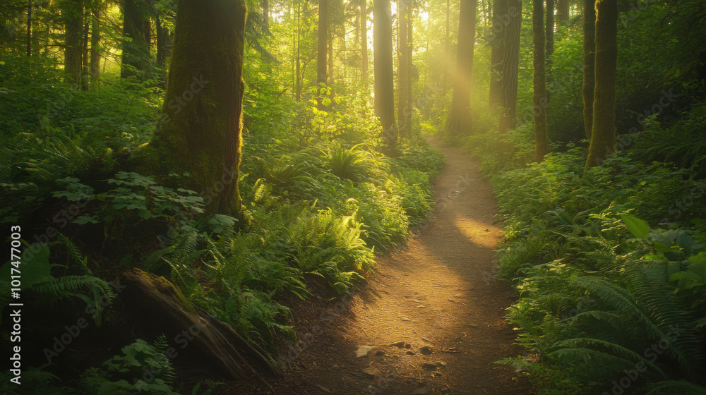 Fototapeta premium A summer hike through lush green forest trails with sunlight filtering through the trees