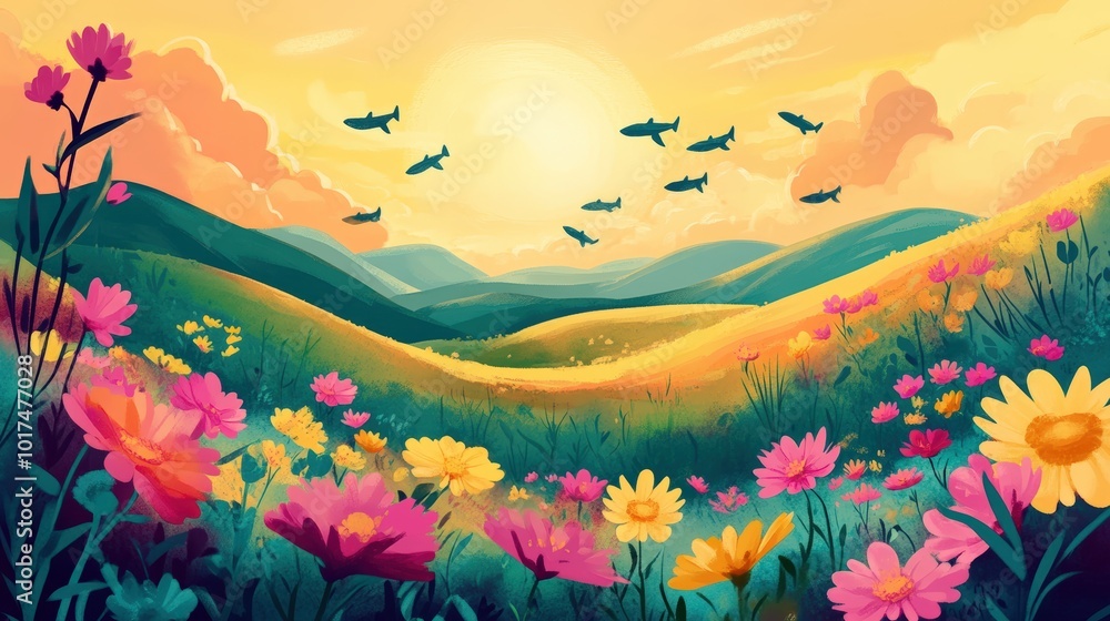 Fototapeta premium Pink and yellow flowers in a field with mountains and