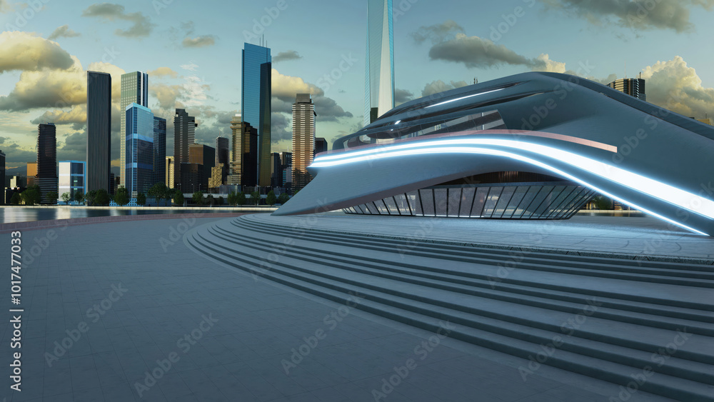 Fototapeta premium 3D render a futuristic building with neon lights illuminating city skyline at dusk
