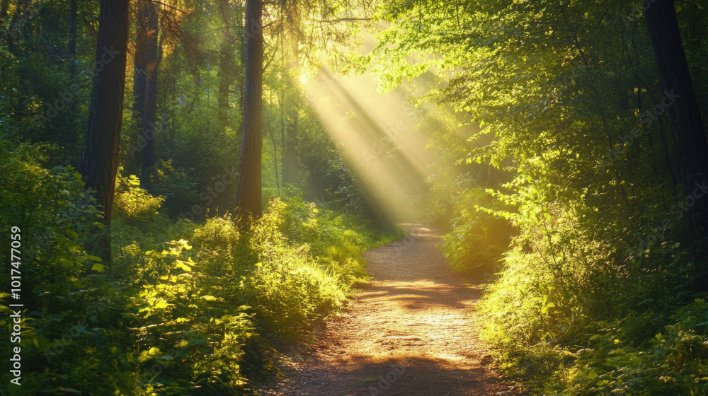 Obraz premium A summer hike through lush green forest trails with sunlight filtering through the trees