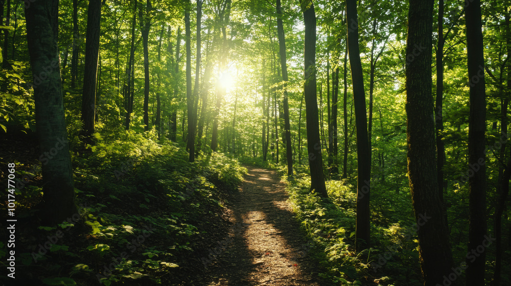 Obraz premium A summer hike through lush green forest trails with sunlight filtering through the trees
