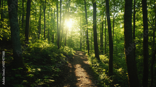 A summer hike through lush green forest trails with sunlight filtering through the trees