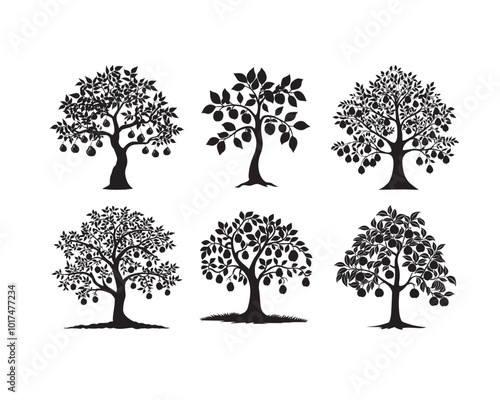 Pear Tree Silhouette Design - Pear Plant vector illustration in black and white