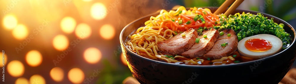 Delicious bowl of ramen with noodles, pork, egg, and vegetables, beautifully presented with a warm, inviting background. Delicious bowl of ramen with noodles, pork, egg, and vegetables, beautifully presented with a warm, inviting background.