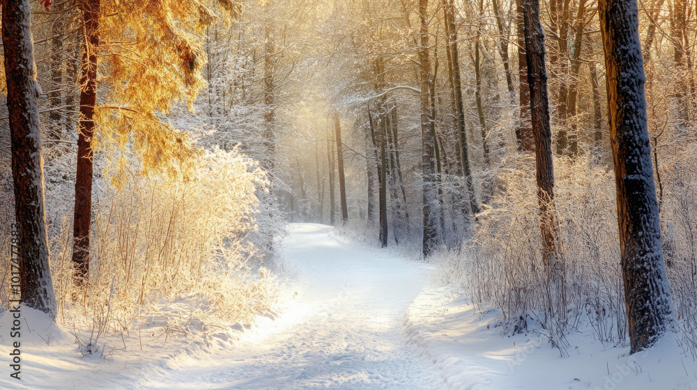 Fototapeta premium Winter forest with snow-laden branches and a serene path winding through the trees