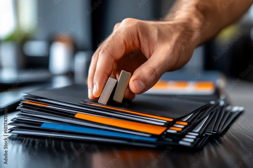 Hyper-realistic close-up of a person’s hand selecting only a few items from a neatly organized desk, capturing the essence of focus and clarity Hyper-realistic close-up of a person’s hand selecting only a few items from a neatly organized desk, capturing the essence of focus and clarity