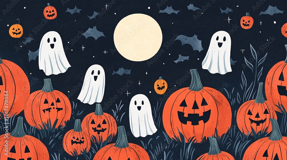 Spooky Pumpkin Patch: A whimsical Halloween illustration with grinning jack-o-lanterns and friendly ghosts dancing beneath a full moon, perfect for festive decorations and spooky celebrations. Spooky Pumpkin Patch: A whimsical Halloween illustration with grinning jack-o-lanterns and friendly ghosts dancing beneath a full moon, perfect for festive decorations and spooky celebrations.