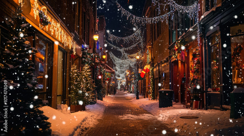 Snow-covered cityscape with festive holiday lights and decorations adorning the streets