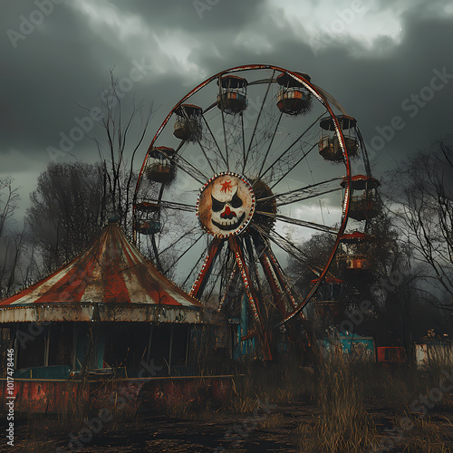 A haunted carnival with an abandoned Ferris wheel and spooky clowns.