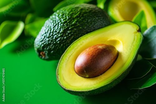 Hyper-realistic depiction of an avocado sliced open, showing its creamy texture and healthy fats, representing its central role in the keto diet