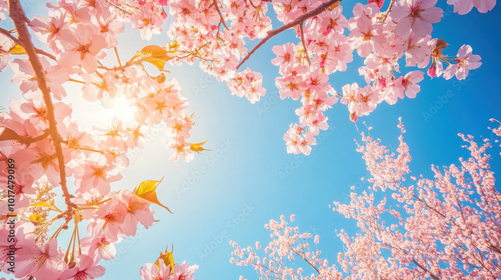 Blooming cherry blossom trees in a sunny park with vibrant pink petals against a clear blue sky Blooming cherry blossom trees in a sunny park with vibrant pink petals against a clear blue sky