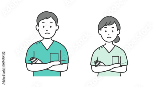 腕組みをして考え込む歯科医男女の上半身イラスト
