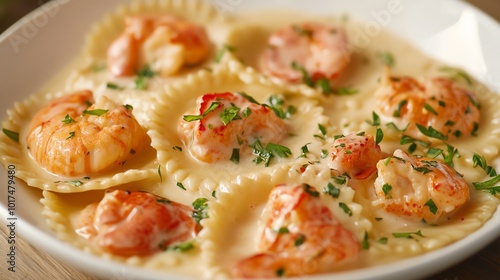 Delicious shrimp ravioli in creamy sauce garnished with herbs, perfect for Italian cuisine lovers.