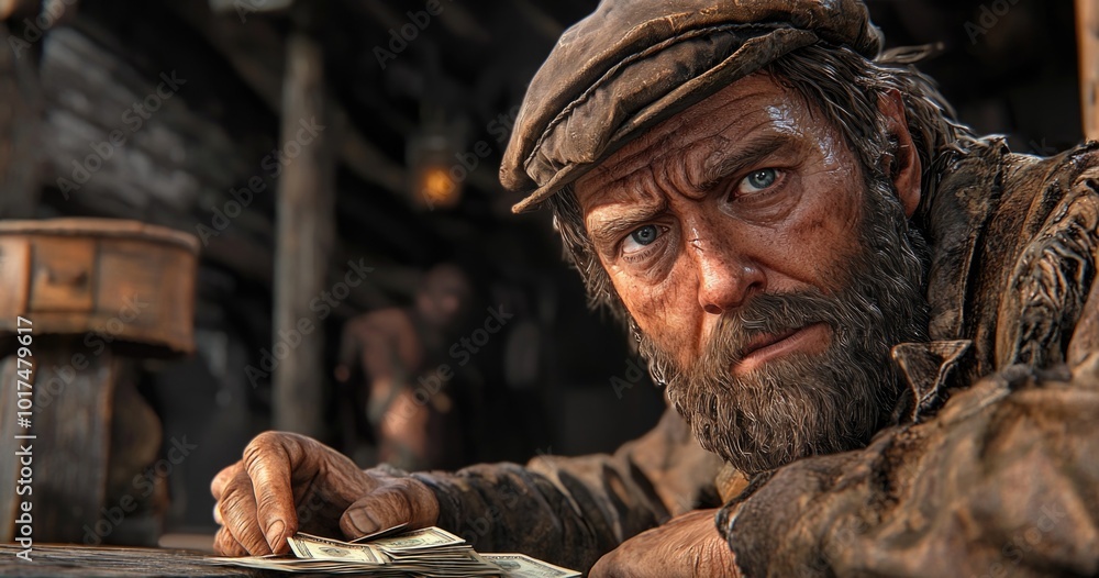 Intense bearded man counting money in rustic setting Intense bearded man counting money in rustic setting