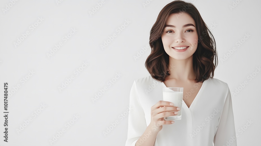 A beautiful woman stands in a minimalist, all-white studio, holding a clear glass of milk delicately in one hand A beautiful woman stands in a minimalist, all-white studio, holding a clear glass of milk delicately in one hand