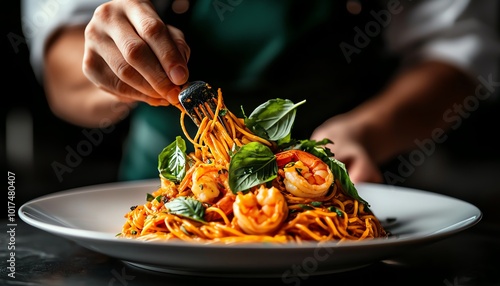 A chef delicately garnishing a plate of shrimp pasta with fresh basil, showcasing culinary artistry and vibrant flavors.