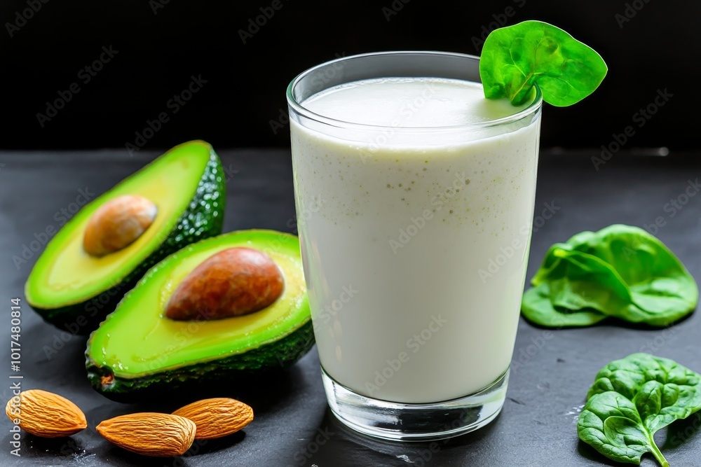 Realistic depiction of a keto diet smoothie made with almond milk, avocado, and spinach, symbolizing a healthy, high-fat, low-carb drink Realistic depiction of a keto diet smoothie made with almond milk, avocado, and spinach, symbolizing a healthy, high-fat, low-carb drink