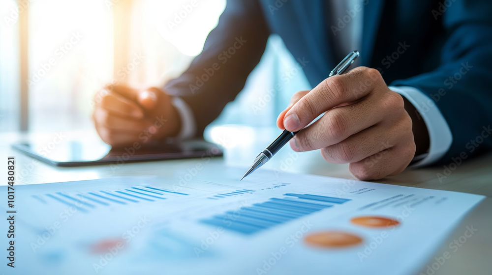 Businessman Analyzing Financial Data with Pen Businessman Analyzing Financial Data with Pen