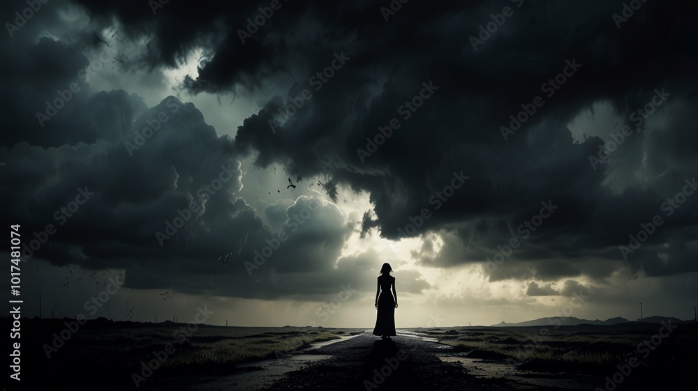 Fototapeta premium a person stands on a road with storm clouds in the background.