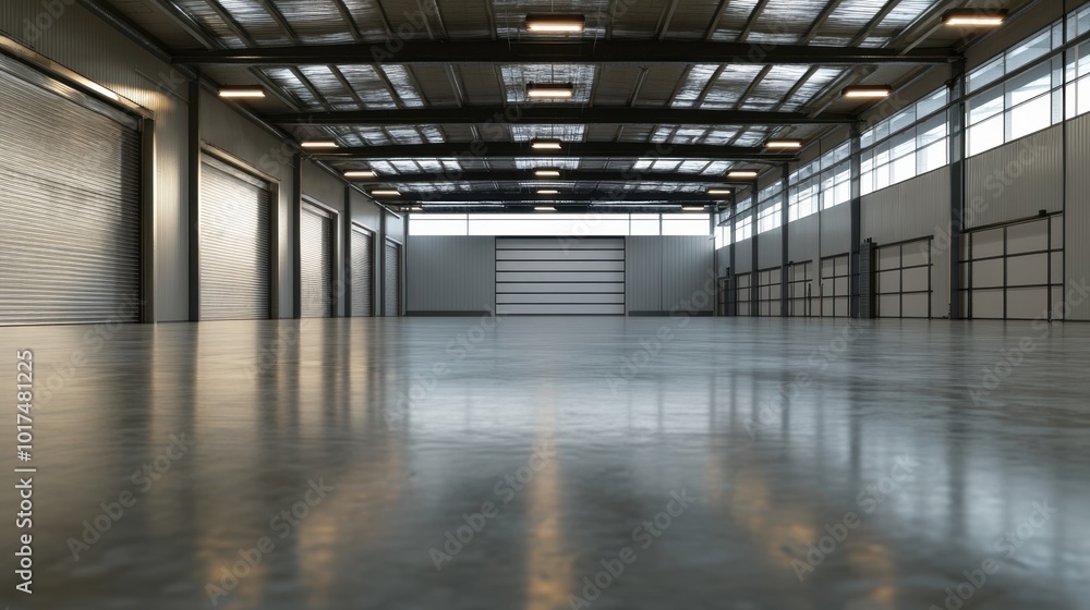 Large roller door in a modern warehouse, polished concrete flooring emphasizing the spacious and industrial design for storage or product display Large roller door in a modern warehouse, polished concrete flooring emphasizing the spacious and industrial design for storage or product display