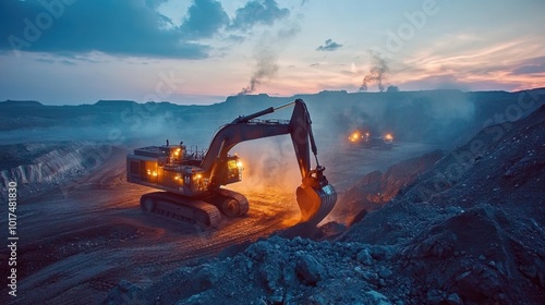 Mining excavator in action at an open pit mine, digging ore with heavy machinery at dusk, representing large-scale earthworks
