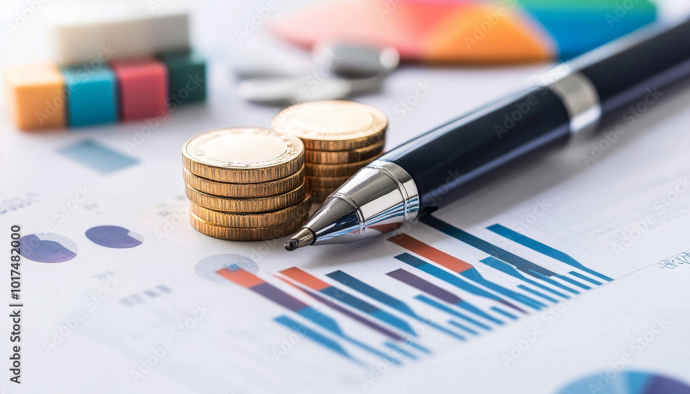 Fototapeta premium Coins and Pen on a Business Chart