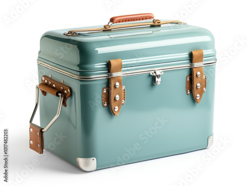 Blue suitcase with leather handles sitting on wooden floor surrounded by travel essentials like passport, sunglasses, and camera. photo