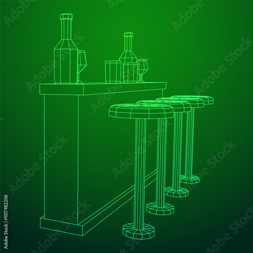 Bar counter with stools, bar top with bottles and glasses. Wireframe low poly mesh vector illustration.
