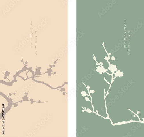 Set of hand drawn branch of flower with Japanese pattern vector. Oriental decoration with logo design, flyer or presentation and card designn in vintage style.