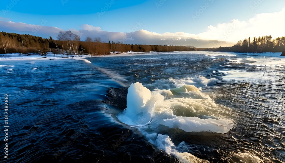 Water that breaks from an ice dam during the spring thaw Flowing into the current with stron Water that breaks from an ice dam during the spring thaw Flowing into the current with stron