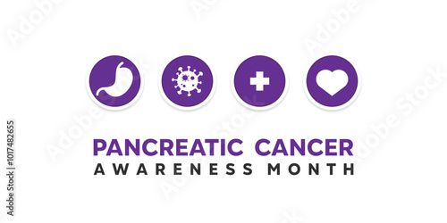 Pancreatic Awareness Month. Gastric, cancer, plus icon and heart. Great for cards, banners, posters, social media and more. White background.