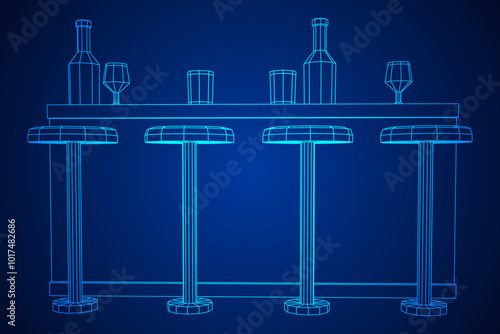 Bar counter with stools, bar top with bottles and glasses. Wireframe low poly mesh vector illustration.