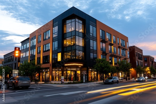 Realistic scene of a newly built mixed-use development with shops, apartments, and offices integrated seamlessly in an urban setting, representing modern urban planning principles photo