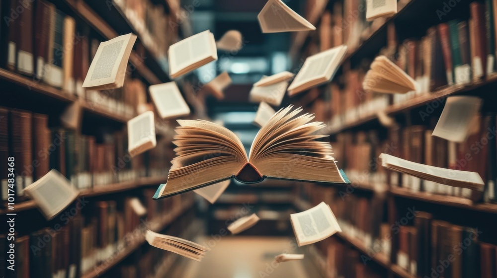 Obraz premium Open books flying through the air in a library setting, surrounded by shelves of knowledge, creating a magical literary scene