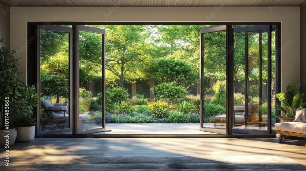 Patio and lush summer garden seen from a stylish interior through open bifold doors, creating a seamless transition from inside to outside Patio and lush summer garden seen from a stylish interior through open bifold doors, creating a seamless transition from inside to outside
