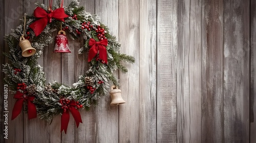 Christmas wreath with red bows and bells on a rustic wooden background