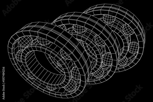 Roller bearing. Circular round rotating bearings used in industry for heavy equipment mechanical work and engineering. Wireframe low poly mesh vector illustration.