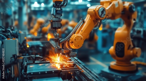 Robotic arms in an automated factory, precision assembly in progress, representing industrial revolution and AI-driven manufacturing