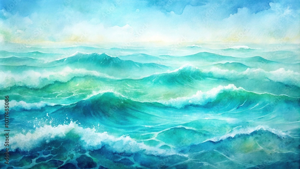 Fototapeta premium Abstract watercolor background of soft blue and green ocean waves gradient Close-Up