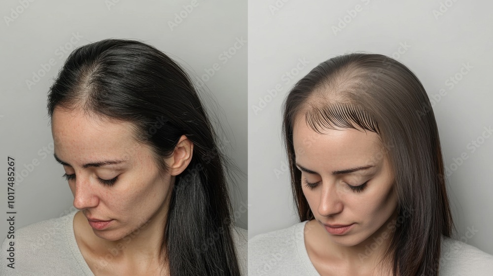 Side-by-side comparison of a woman suffering from hair loss before and after treatment, shown in a collage format on grey background Side-by-side comparison of a woman suffering from hair loss before and after treatment, shown in a collage format on grey background