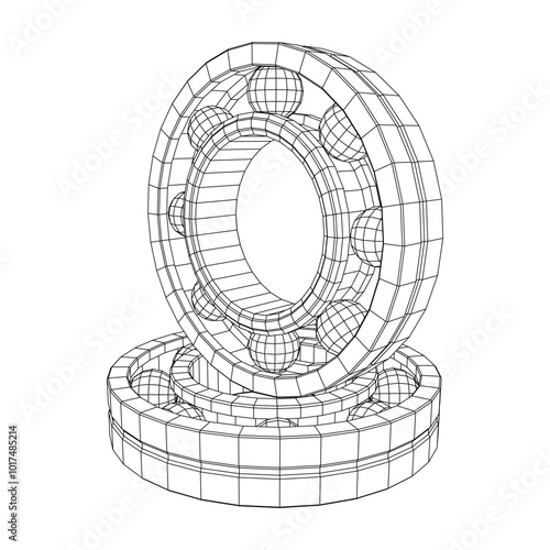Roller bearing. Circular round rotating bearings used in industry for heavy equipment mechanical work and engineering. Wireframe low poly mesh vector illustration.