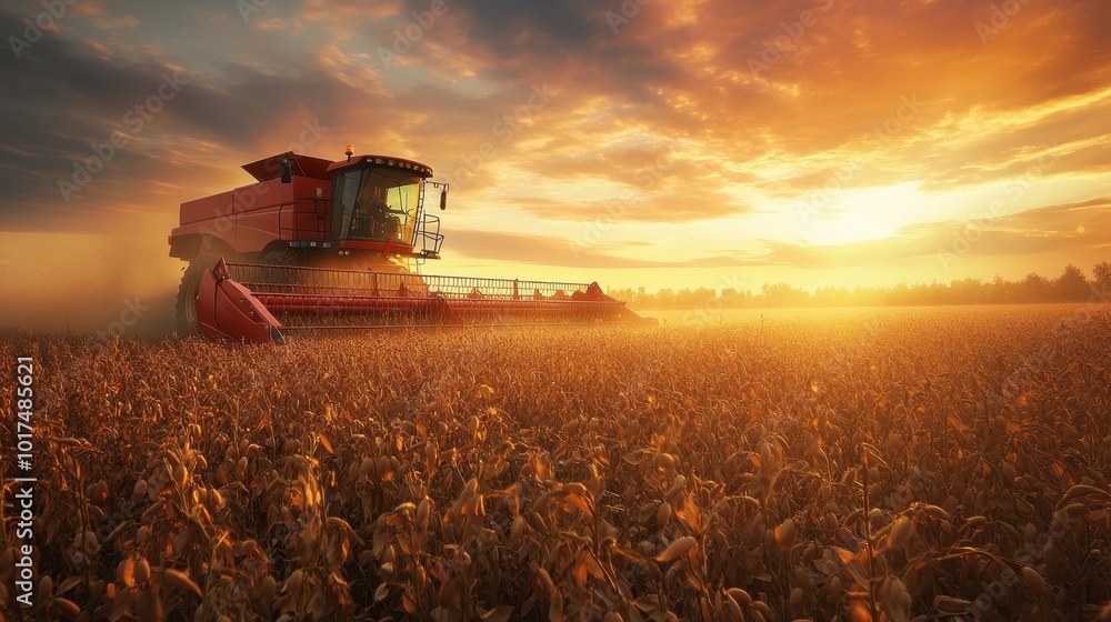 Fototapeta premium Soybean harvest in progress with a red combine harvester under a glowing autumn sunset, symbolizing farm work and productivity