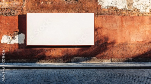 A blank white billboard on a rustic red wall captures the essence of urban design. Ideal for advertising, showcasing creativity and modern art.