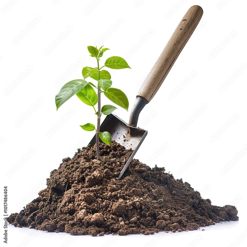 Shovel Digging Dirt With a Plant. On a Clear PNG or White Background. isolated on white background Shovel Digging Dirt With a Plant. On a Clear PNG or White Background. isolated on white background