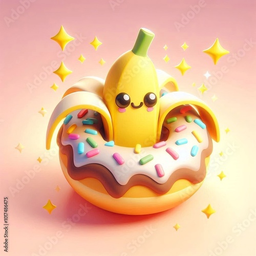 Banana inside a donut, cute, 3D