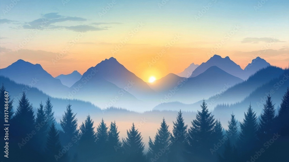 Vector illustration of a sunrise over beautiful mountains with misty forests in the foreground, perfect for scenic backgrounds Vector illustration of a sunrise over beautiful mountains with misty forests in the foreground, perfect for scenic backgrounds