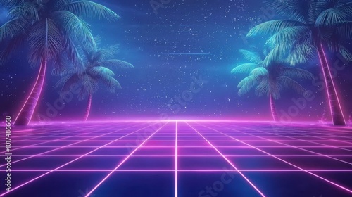 Cartoonish 1980s retro background featuring neon lines and palm trees in a tropical setting photo