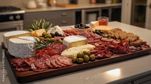 A modern kitchen island with a large charcuterie board featuring an array of cheeses, cured meats, olives, and artisanal bread arranged beautifully.