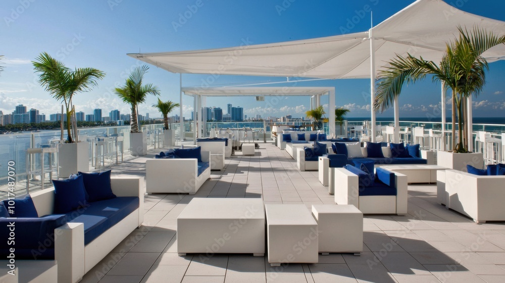 Fototapeta premium Luxurious Miami rooftop terrace with white and blue furniture surrounded by tropical plants on a sunny day with solar-powered canopies and water features