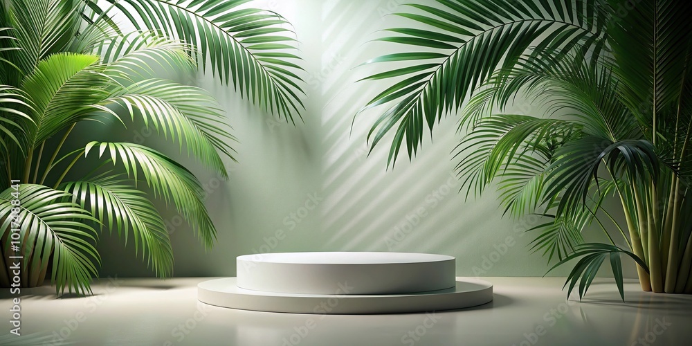 Obraz premium Abstract scene with podium and palm leaves mock up